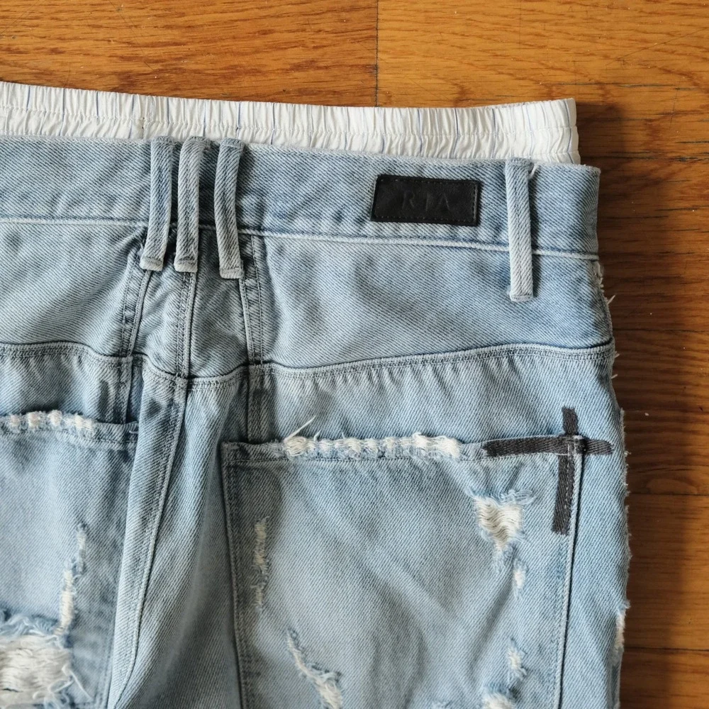 RtA Kallan Straight Leg‎ Jeans Womens Light Blue Distressed Silk Boxer Waist 28